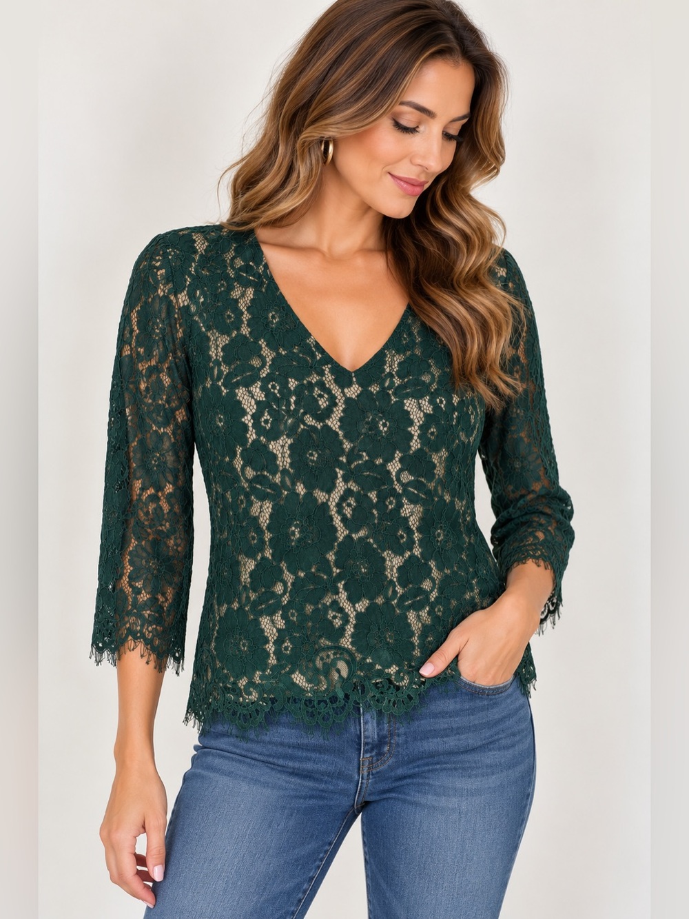 ADIVA Emerald Green Floral Lace V-Neck Lined Top Size S